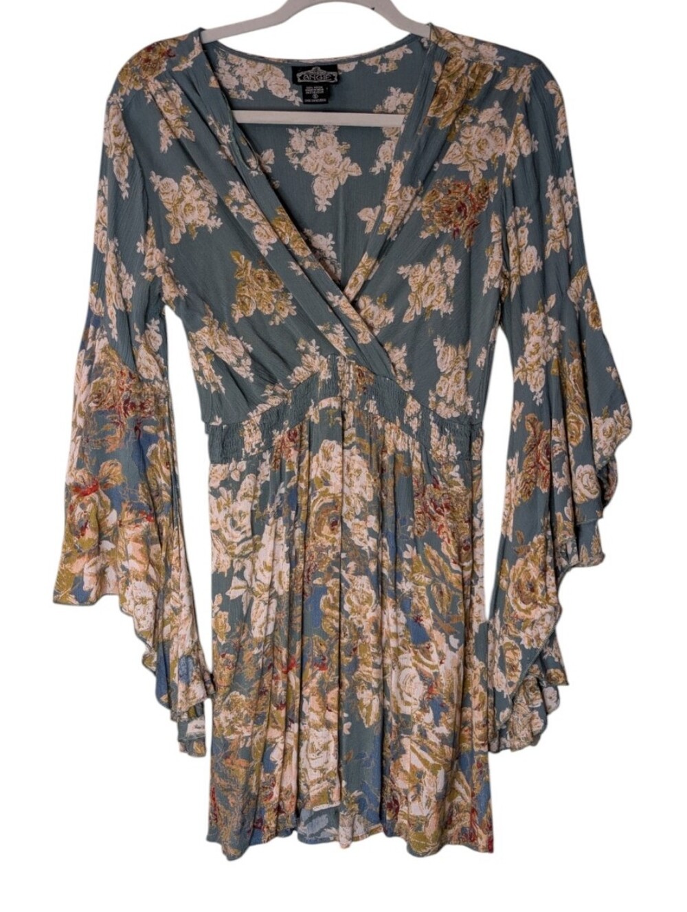 Angie Boho Floral Smocked Waist Mini Dress Tiered Bell Sleeve green size Small